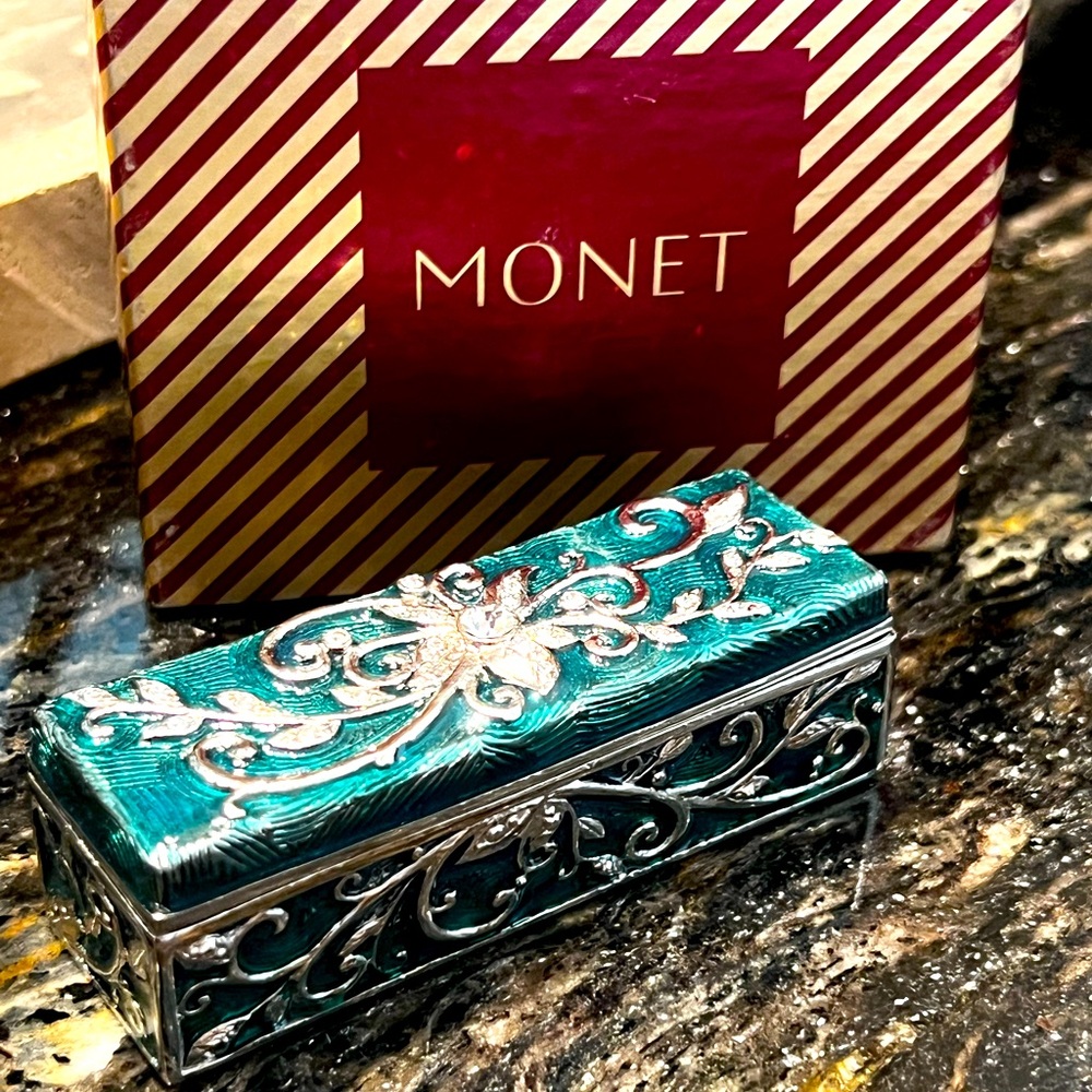 NIB Monet Enameled Blue Green Silver Lipstick Case w Mirror Trinket Decor Box
